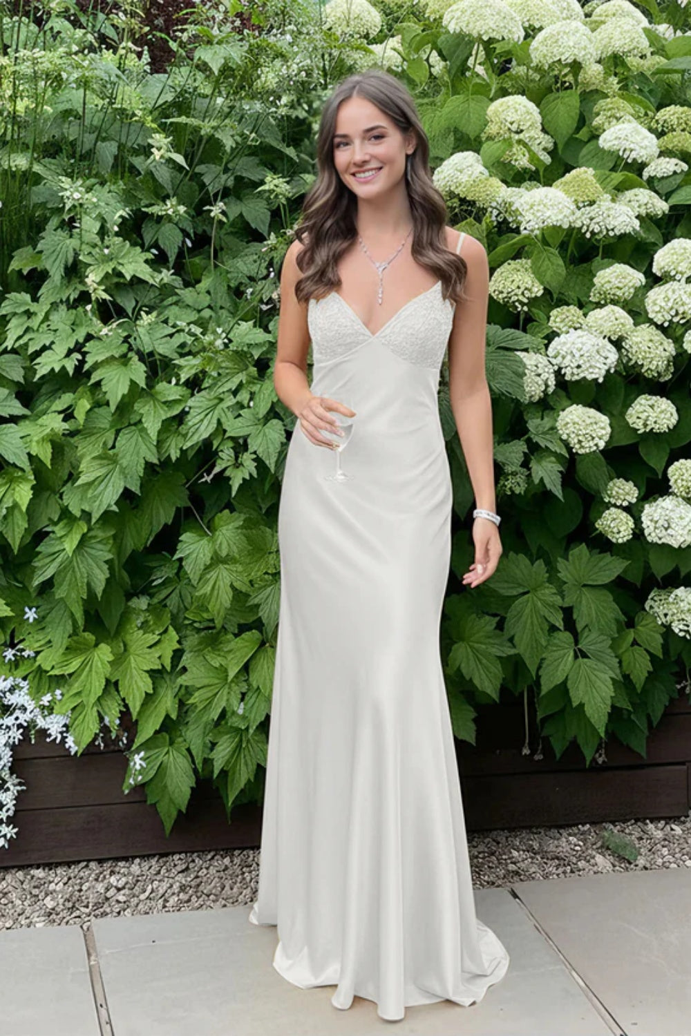 Simple Spaghetti Straps V-neck Sheath Satin Prom Dress
