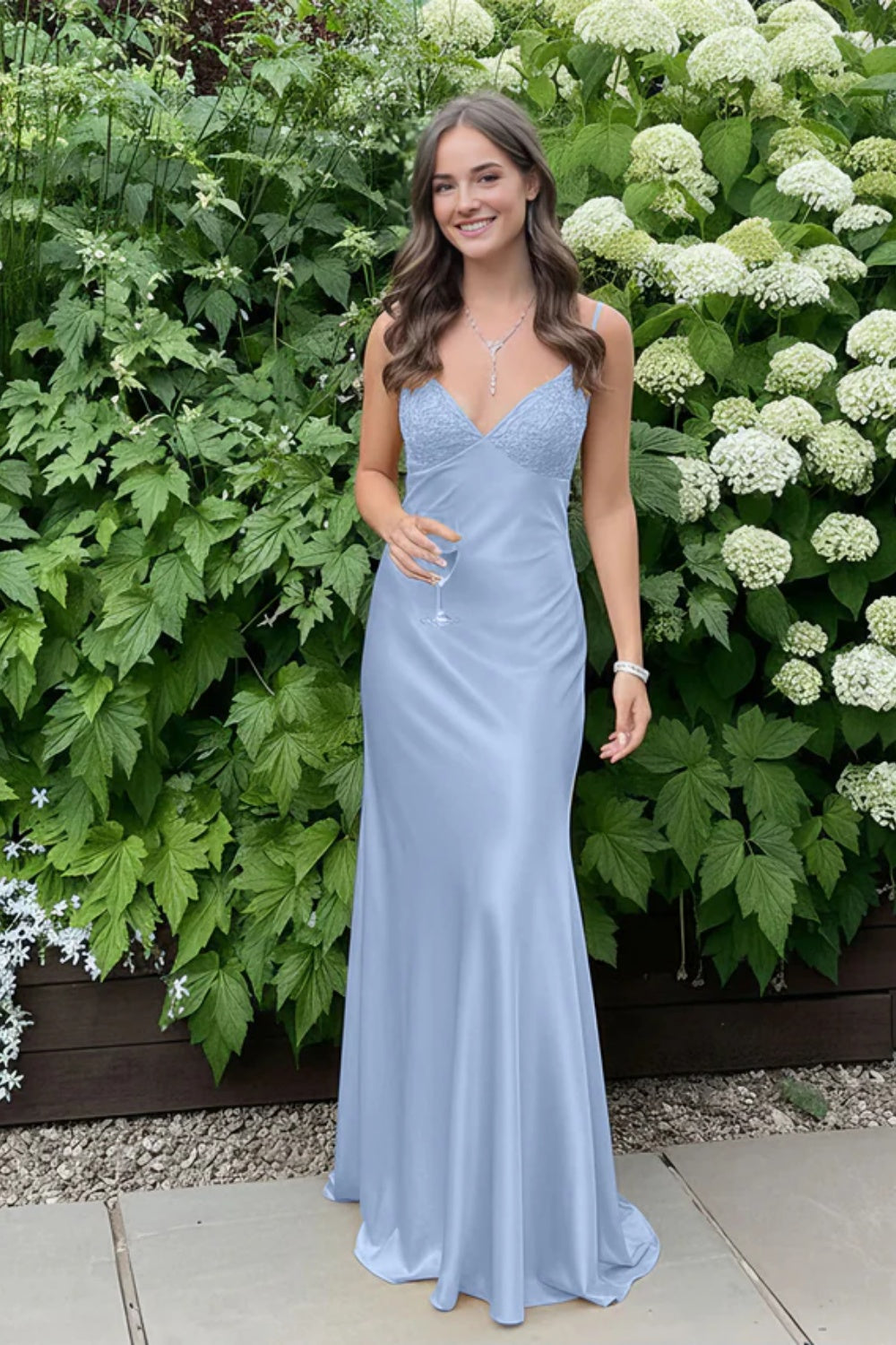 Simple Spaghetti Straps V-neck Sheath Satin Prom Dress