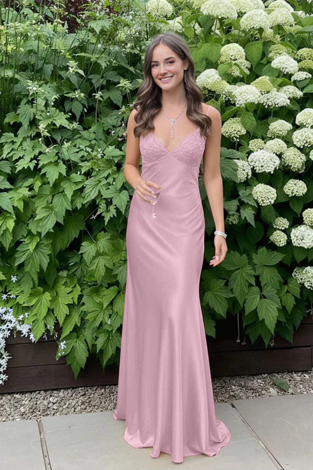 Simple Spaghetti Straps V-neck Sheath Satin Prom Dress