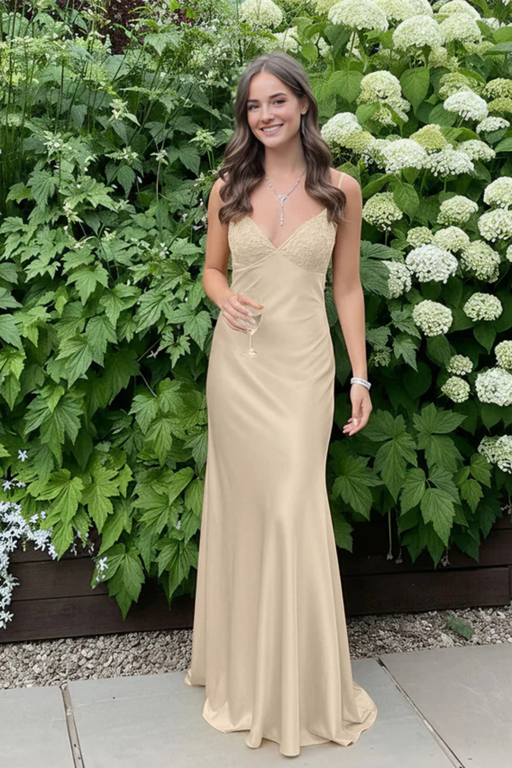 Simple Spaghetti Straps V-neck Sheath Satin Prom Dress