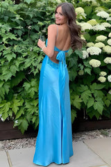 Simple Spaghetti Straps V-neck Sheath Satin Prom Dress