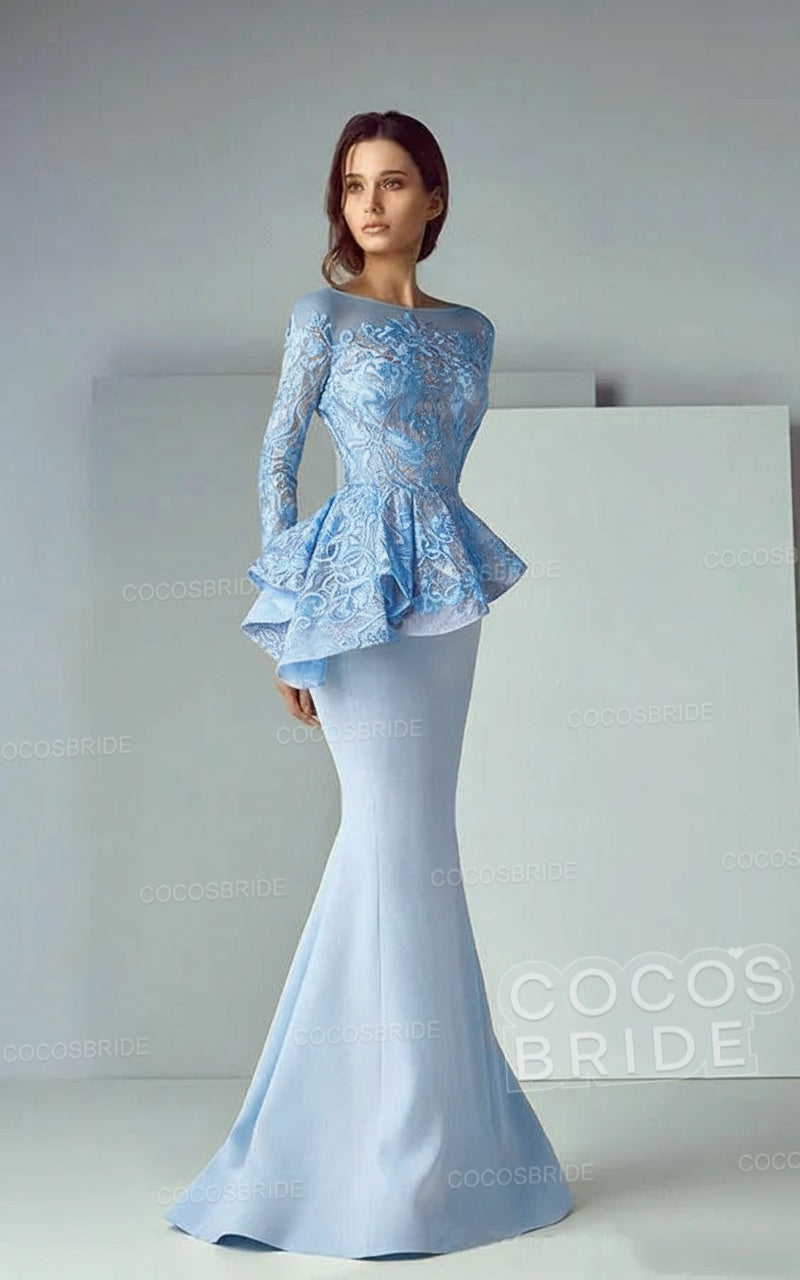 Modest Long Mermaid Lace Satin Formal Prom Dresses with Sleeves