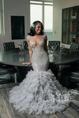 Elegant Long Mermaid Deep V-neck Ruffles Beaded Prom Dress