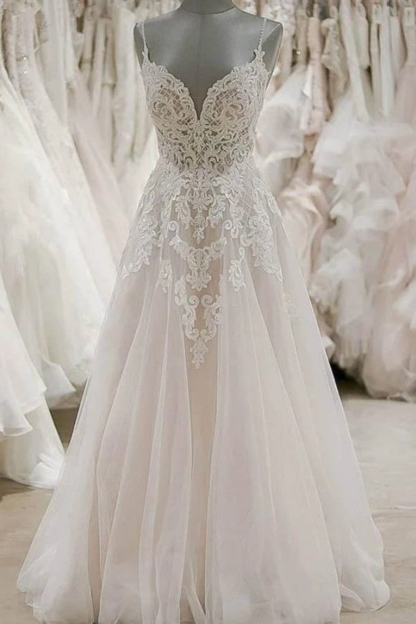 Elegant Long A-line V-neck Spaghetti Straps Appliques Tulle Wedding Dresses