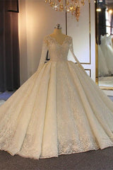 Sparkling V-Neck Long Lace-Up Ball Gown Wedding Dresses with Sleeves