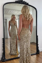 Sparkly Gold V-neck Long Mermaid Sequined Corset Prom Dress