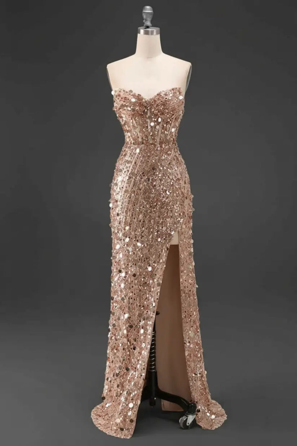 Sparkly Gold Sweetheart Long Mermaid Sequined Prom Dress with Slit