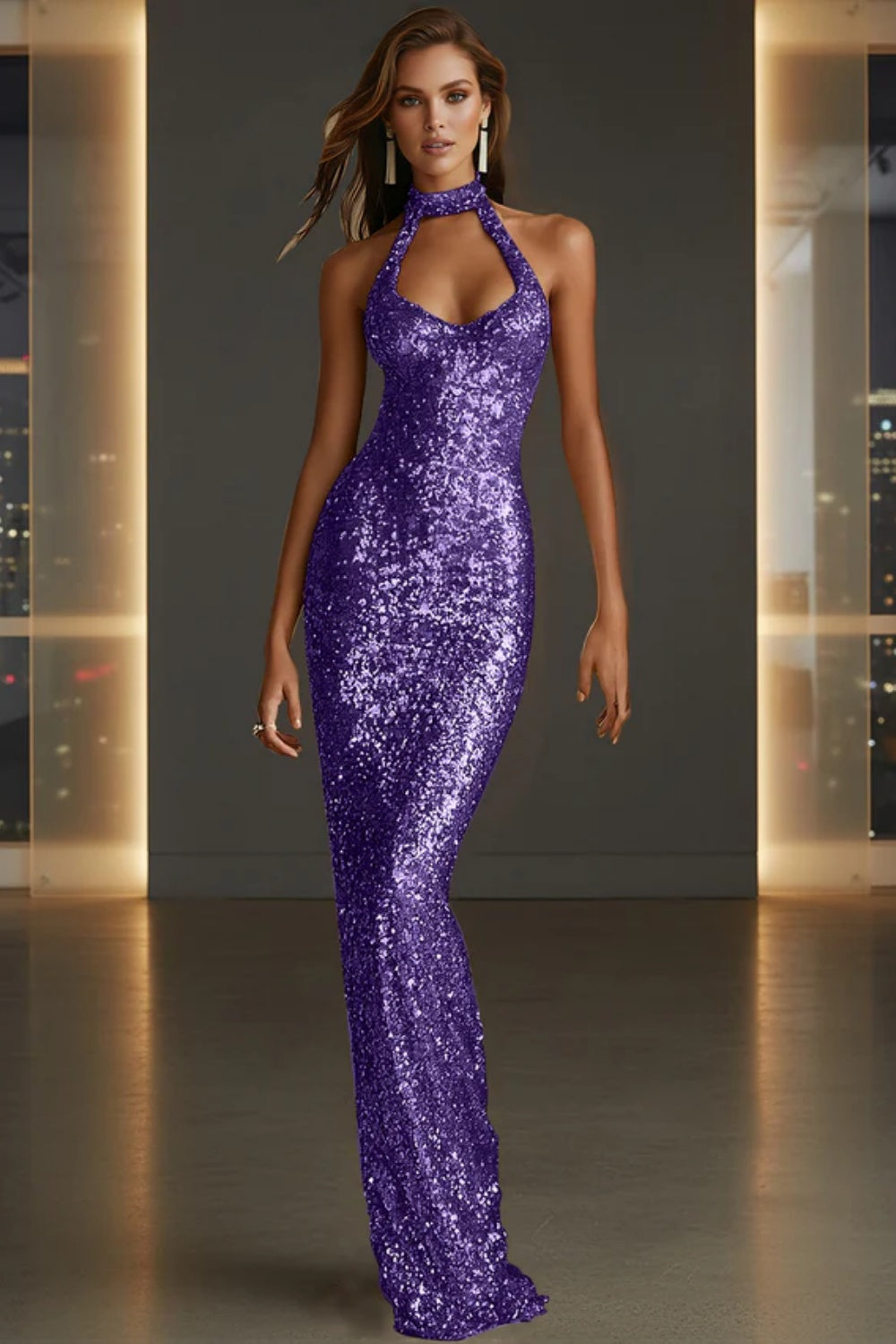 Sparkly Halter Sleeveless Mermaid Sequined Prom Dress
