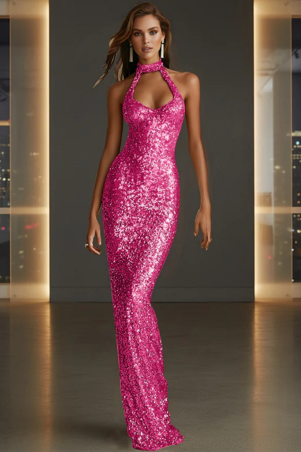 Sparkly Halter Sleeveless Mermaid Sequined Prom Dress