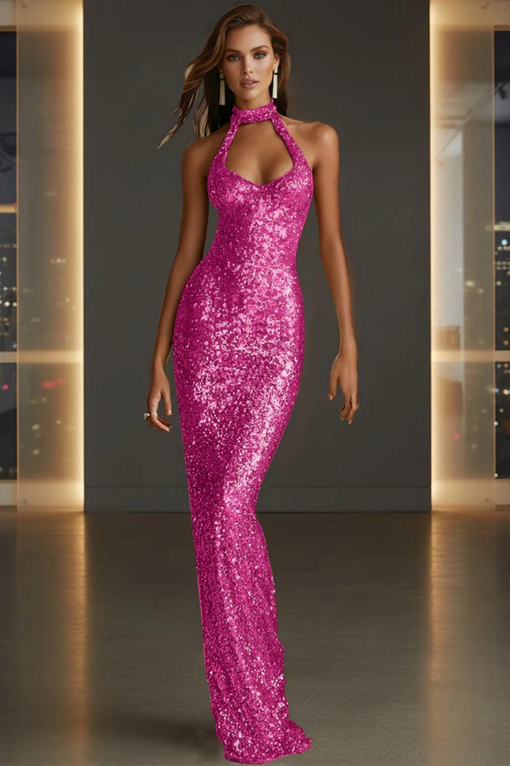 Sparkly Halter Sleeveless Mermaid Sequined Prom Dress