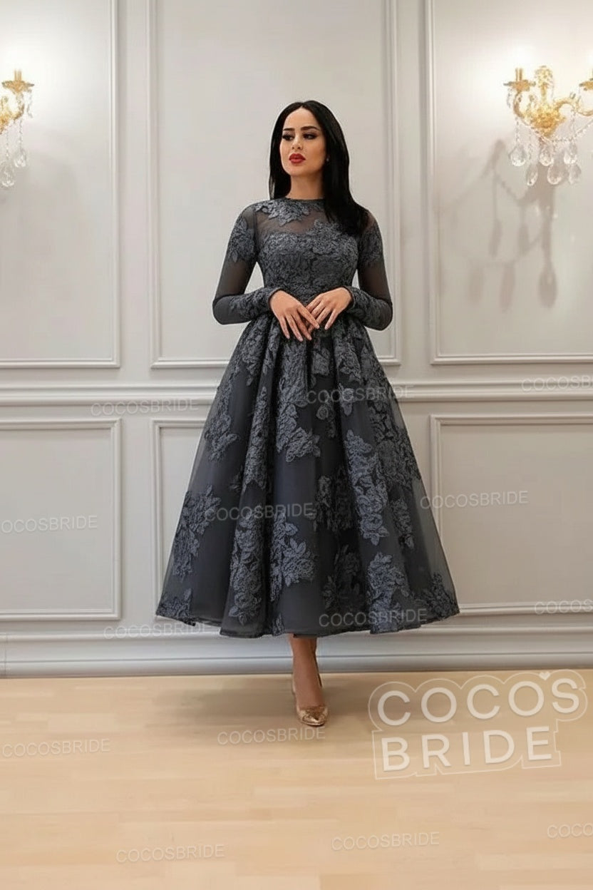 Elegant A-line High Neck Lace Formal Evening Dress with Sleeves