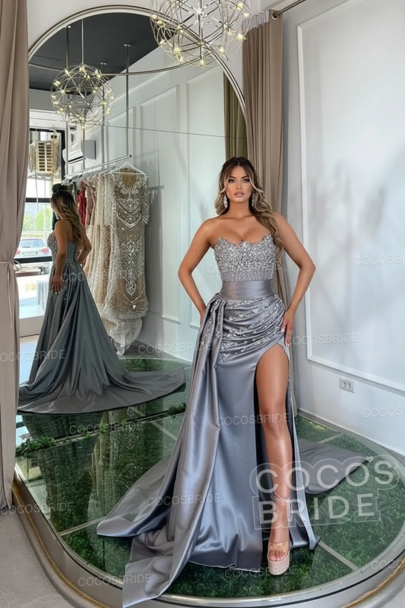Luxury Mermaid Sweetheart Satin Long Beading Prom Dress with Split