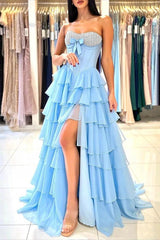 Blue Strapless High-Slit Long A-line Prom Dress with Bow