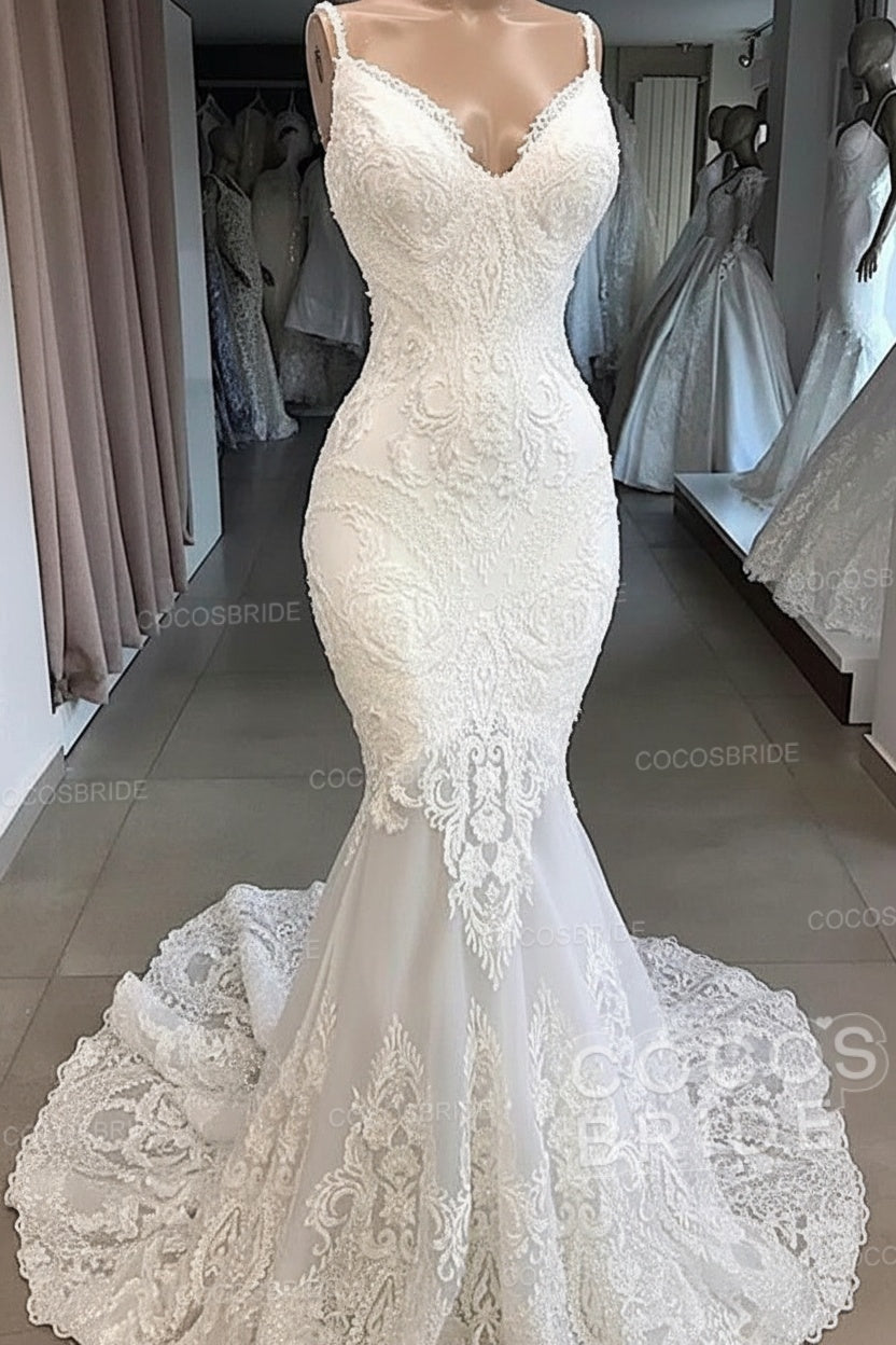 Elegant Long Sweetheart Open Back Appliques Lace Tulle Mermaid Wedding Dress