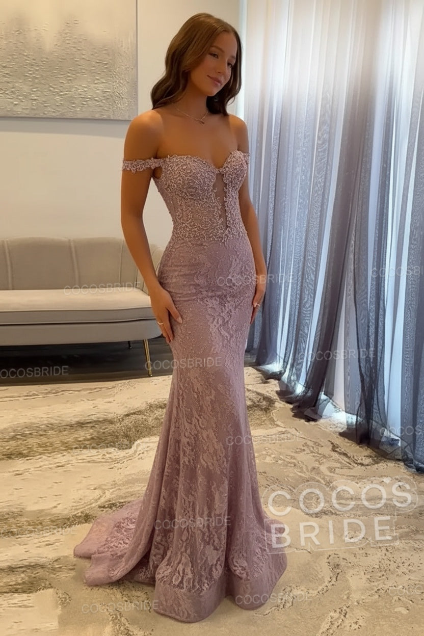 Dark Navy Long Mermaid Off the Shoulder Lace Prom Dress