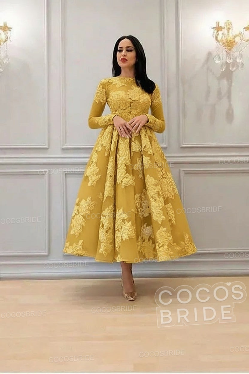 Elegant A-line High Neck Lace Formal Evening Dress with Sleeves