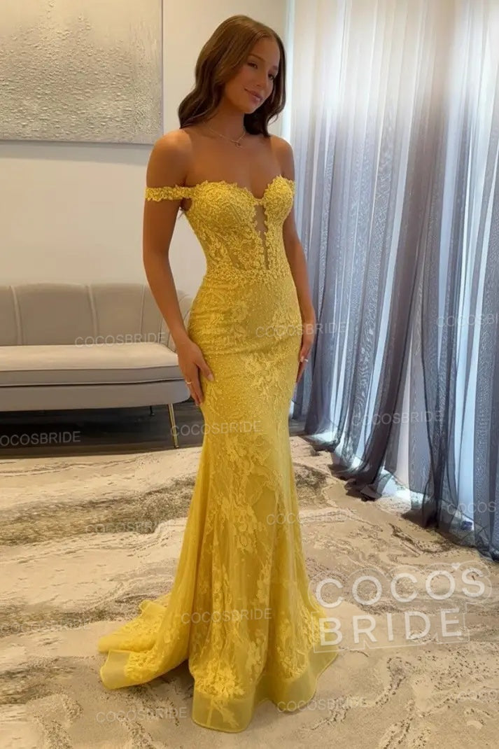 Dark Navy Long Mermaid Off the Shoulder Lace Prom Dress