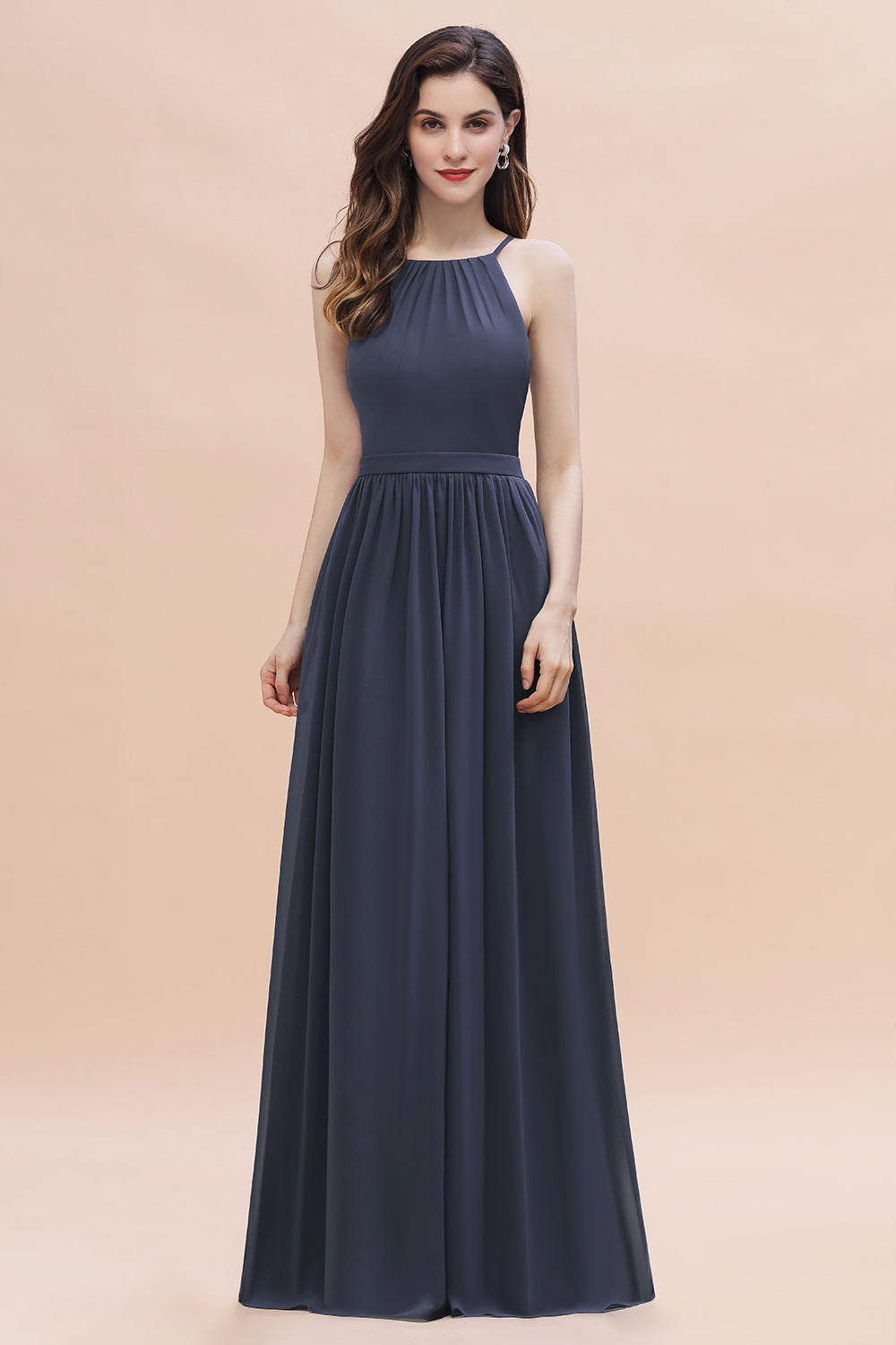 Elegant Sleeveles Halter Soft Chiffon A-Line Floor Length Bridesmaid Dress