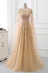 Long Sleeves Backless A-Line Tulle Beading Formal Evening Dress