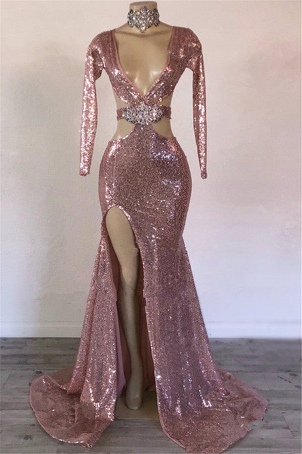 Long Sleeves Mermaid V-neck Sequined Prom Dress with Slit