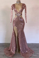 Long Sleeves Mermaid V-neck Sequined Prom Dress with Slit
