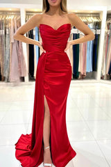 Simple Long Mermaid Sweetheart Satin Formal Prom Dresses with Slit