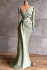 V-neck Long Sleeve Floor Length Ruffles Mermaid Prom Dress