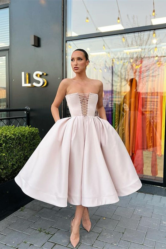 Short A-line Satin Formal Prom Dresses with Pockets