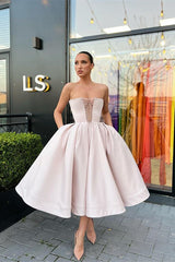 Short A-line Satin Formal Prom Dresses with Pockets
