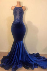 Velvet Long Mermaid Open Back Applique Beading Formal Dress