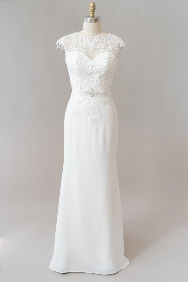 Long Mermaid Lace Chiffon Wedding Dress	es with Cap Sleeve