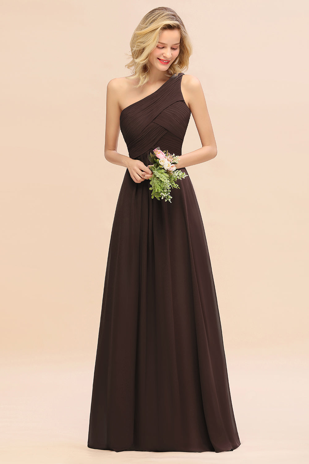 Elegant A-line Chiffon Ruffles One Shoulder Long Bridesmaid Dress