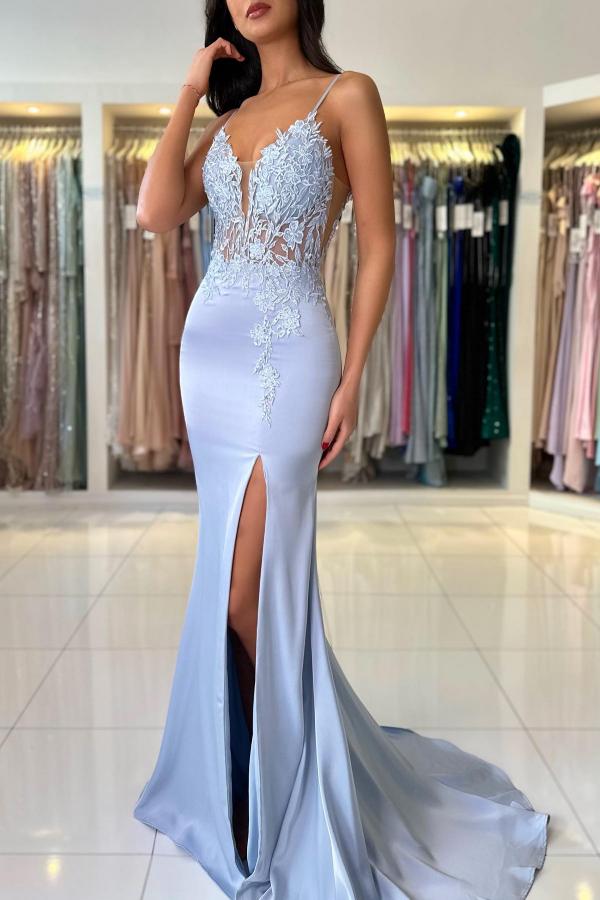 Long Mermaid V-Neck Spaghetti Straps Sleeveless Split Front Backless Prom Dresses