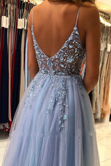 Long A-line V-neck Spaghetti Straps Open Back Prom Dress with Slit