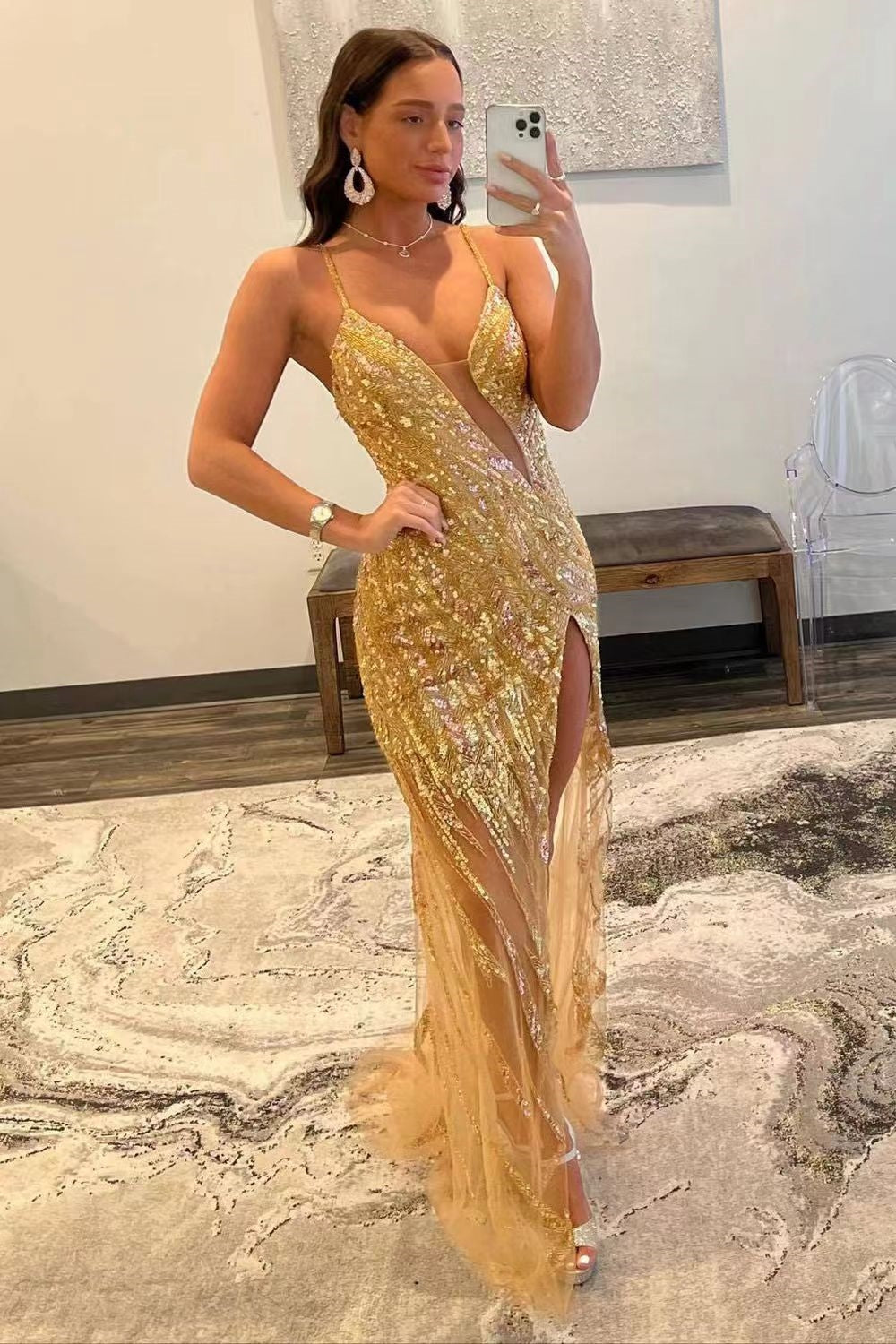 Mermaid Long Spaghetti Straps Sequins V-Neck Tulle Prom Dress with Slit