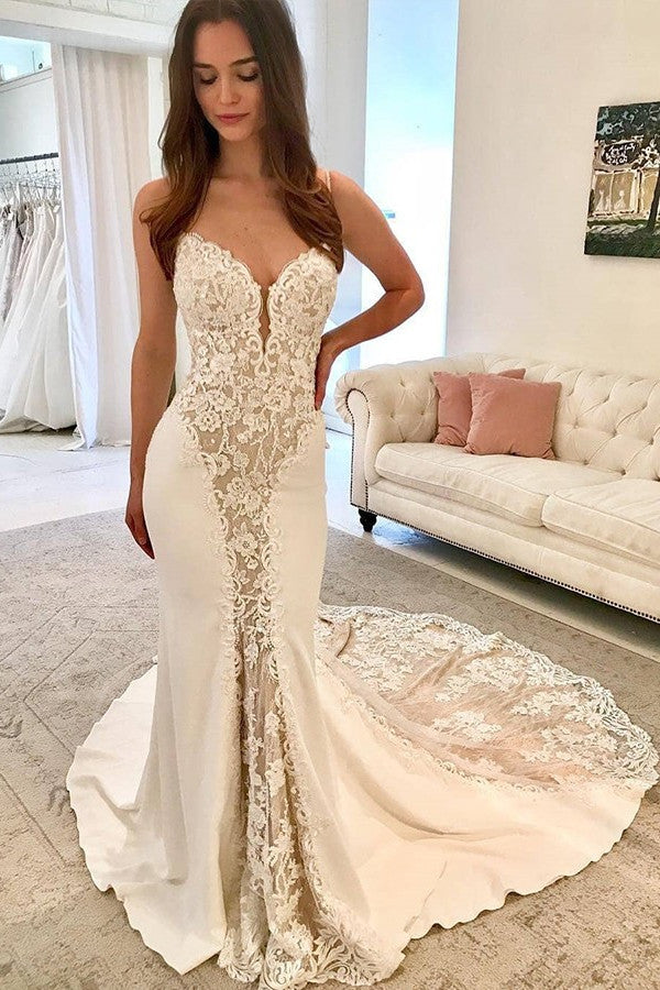 Long Sweetheart Spaghetti Straps Satin Mermaid Wedding Dresses