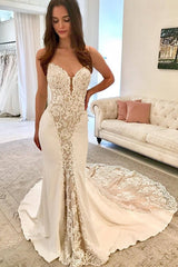Long Sweetheart Spaghetti Straps Satin Mermaid Wedding Dresses