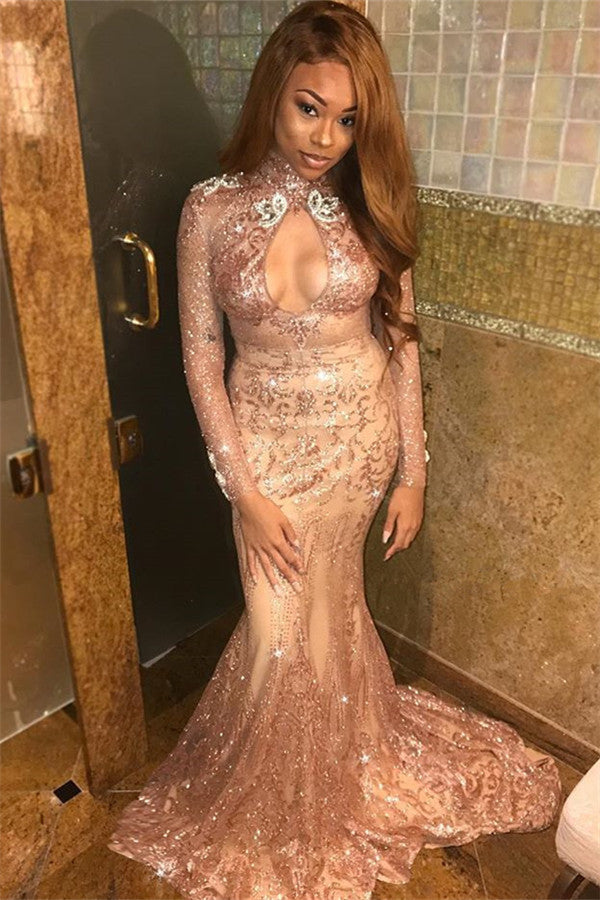 Long High Neck Sequined Mermaid Prom Dress with Sleeves