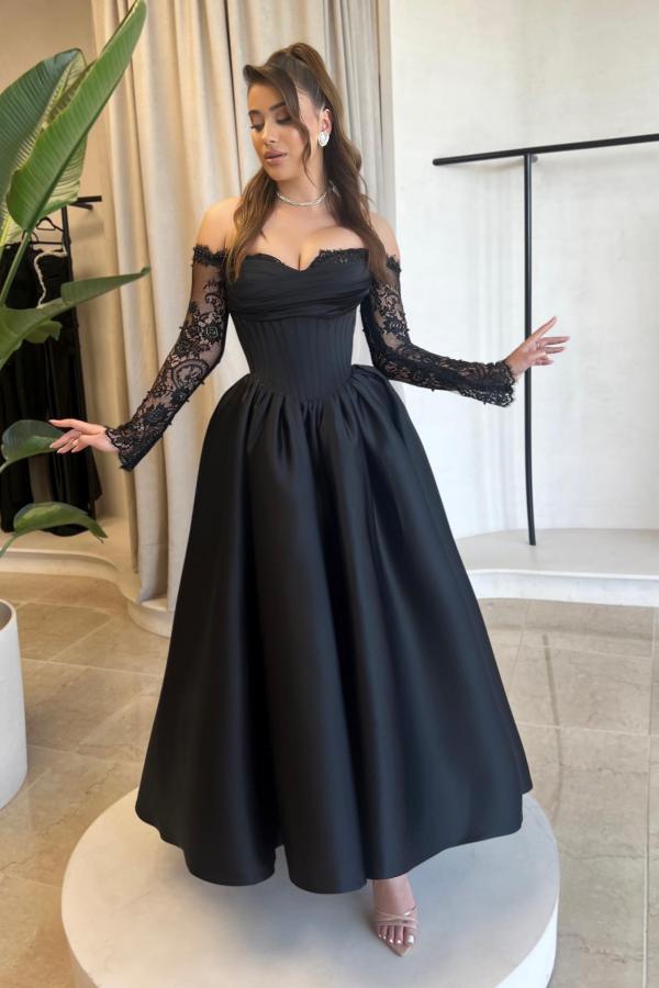 Black Long A-line Off the Shoulder Satin Prom Dresses with Lace Sleeves