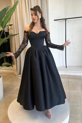 Black Long A-line Off the Shoulder Satin Prom Dresses with Lace Sleeves