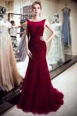 Mermaid Sleeveless Sequined Tulle Burgundy Long Evening Gowns