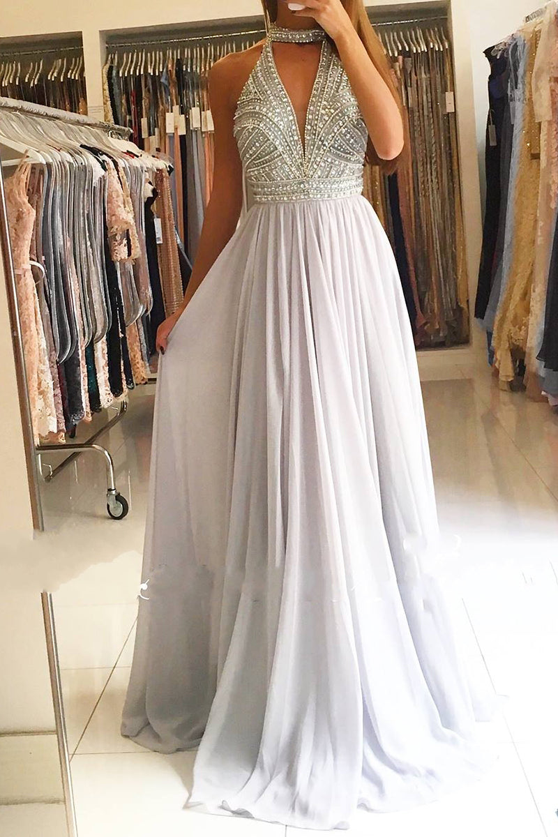 Elegant Long Halter Keyhole Beading A-Line Ruffles Floor Length Prom Dress