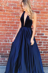 Long V-neck Halter Satin A-line Prom Dress