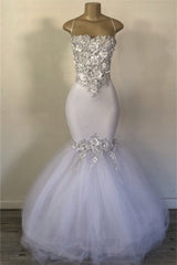 Long Spaghetti Straps Appliques Lace Mermaid Prom Dress