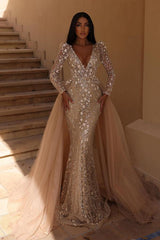 Gorgeous Long Sleeves Mermaid V-neck Wedding Dress with Detachable Tulle Train