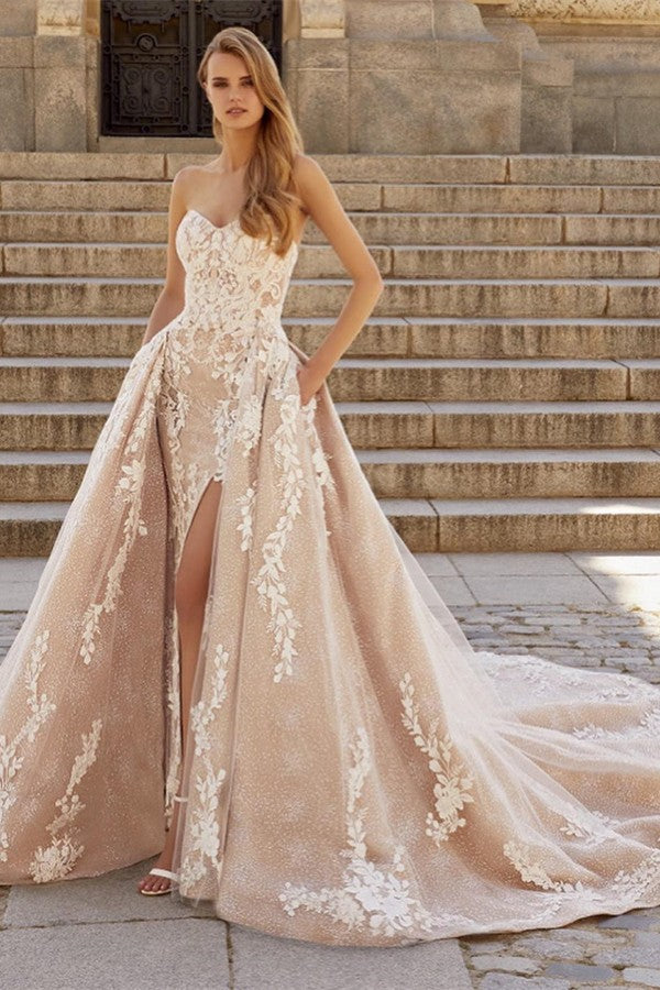 Elegant Champagne Long Sweetheart Mermaid Detachable Train Wedding Dress	 with Pockets