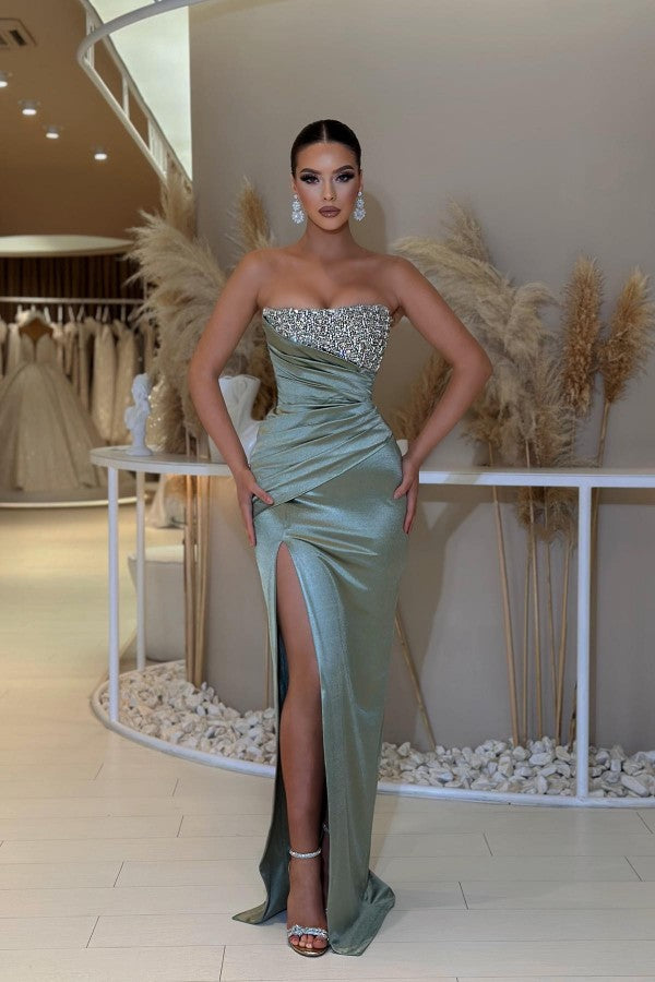 Long Mermaid Strapless Beading Satin Formal Prom Dresses with Slit