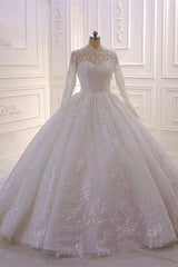 Long High Neck Appliques Lace Ball Gown Ruffles Wedding Dress	 with Long Sleeve