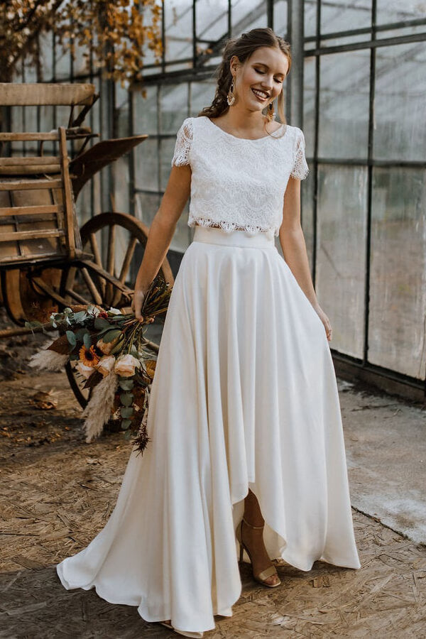 A-line Satin Lace High Low Two Piece Wedding Dress	 with Short Sleeve