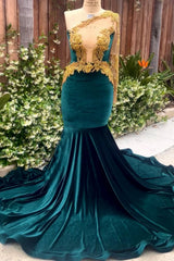Dark Green Long Mermaid One Shoulder Velvet Lace Formal Evening Dresses